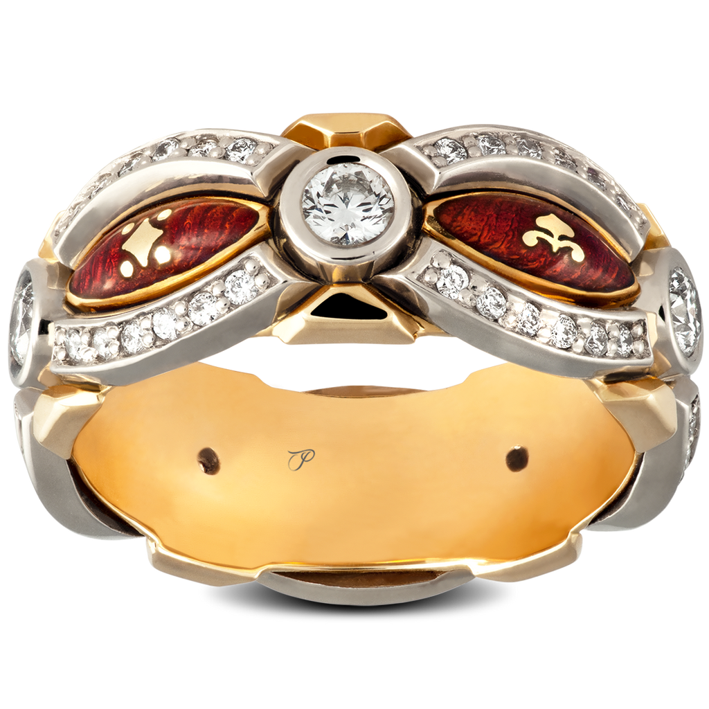 CELEBRATION šventinis žiedas su reikšminga simbolika, dekoruotas briliantais ir emaliu