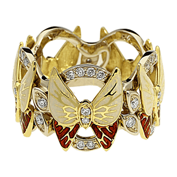 SECRET GARDEN drugelių žiedas su dviejų spalvų emaliu ir briliantais, užsakomas