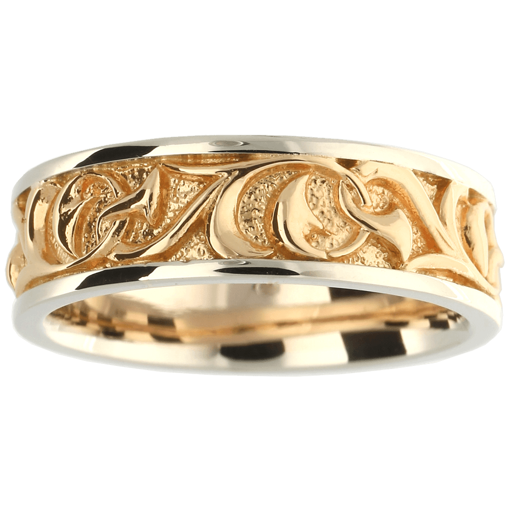 CREATIVE rankų darbo vestuvinis žiedas su augaliniais motyvais, balto ir geltono aukso