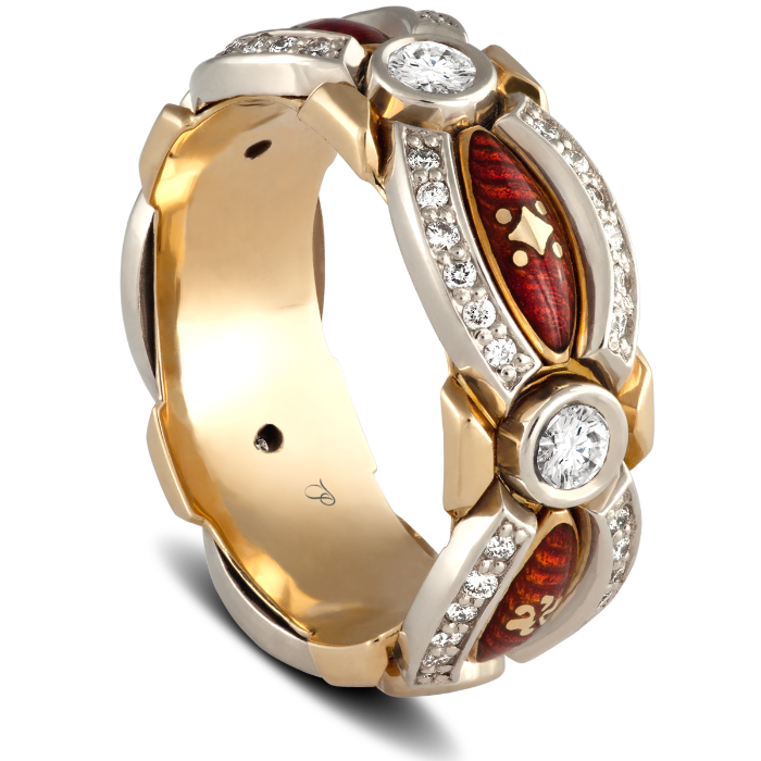 CELEBRATION šventinis žiedas su reikšminga simbolika, dekoruotas briliantais ir emaliu