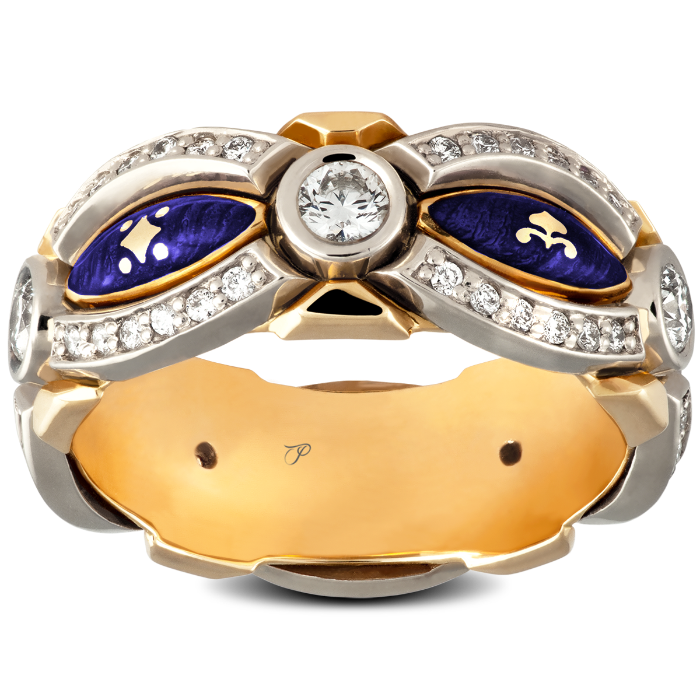 CELEBRATION šventinis žiedas su reikšminga simbolika, dekoruotas briliantais ir emaliu