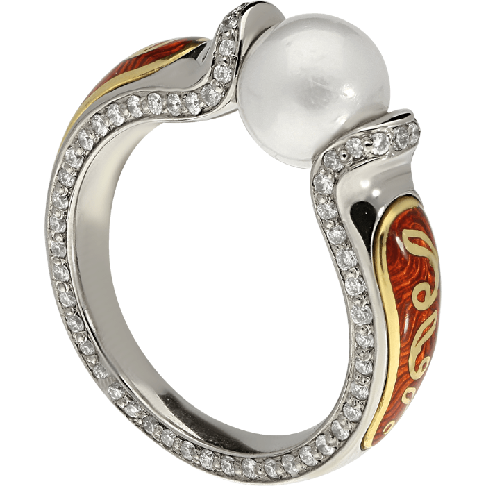 SECRET GARDEN unikalus žiedas su Akoja perlu ir briliantais