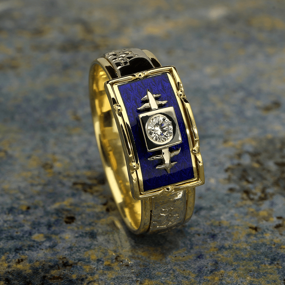 Užsakomas BAROQUE prabangus unisex žiedas su Limožo emaliu ir briliantu 