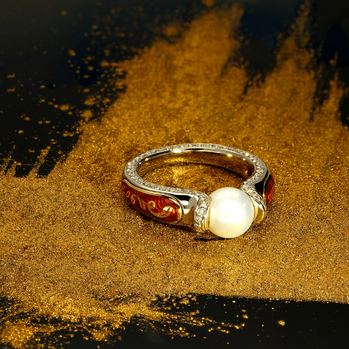 SECRET GARDEN unikalus žiedas su Akoja perlu ir briliantais